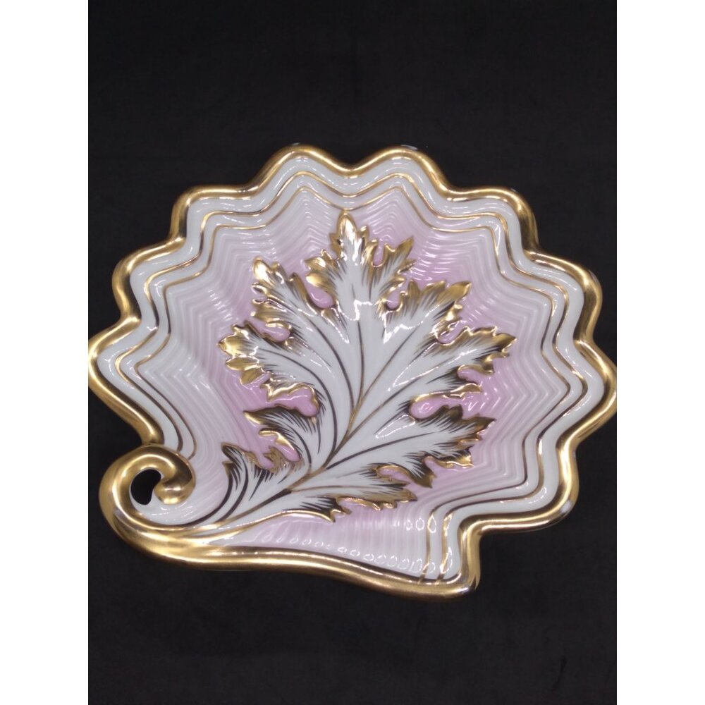 Vtg. APM Shell Dish Gold Leaf Accent 9" Pink White Gold Trim Hollywood Regency